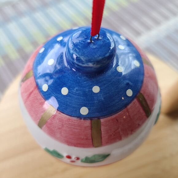 Vintage Hand-Painted Handmade Ceramic Christmas Ornament Holly Berry Red Ribbon - Picture 3 of 10